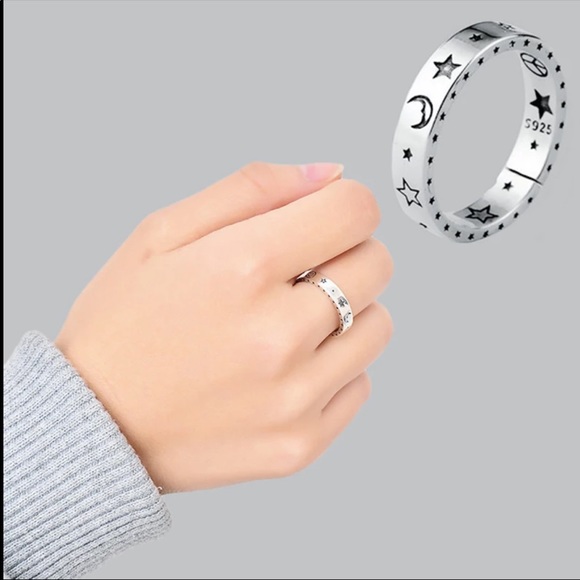 New Vintage 925 Silver Carved Moon Star Open Ring - Picture 4 of 6